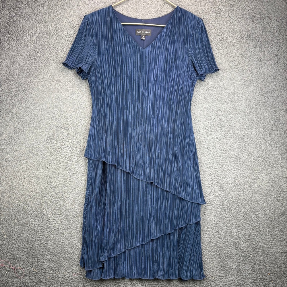 Connected Apparel Womens Navy Blue Pleated Tiered Sheath Dress Size 14 V-Neck
